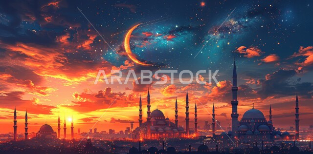  قدوم شهر الخير, رسوم توضيحية ثلاثية الابعاد للمآذن والقبب للمساجد الإسلامية، الديكورات والتصاميم الهندسية المميزة في رمضان المبارك، زينة الاعياد والمناسبات الدينية، العبادة والتقرب إلى الله تعالى, خلفية السماء المرصعه بالنجوم مع القمر المضيء ليلا