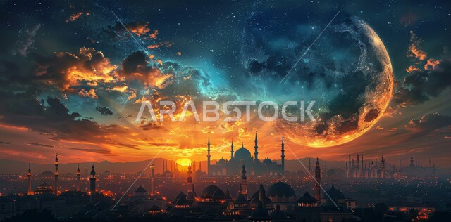  قدوم شهر الخير, رسوم توضيحية ثلاثية الابعاد للمآذن والقبب للمساجد الإسلامية، الديكورات والتصاميم الهندسية المميزة في رمضان المبارك، زينة الاعياد والمناسبات الدينية، العبادة والتقرب إلى الله تعالى, خلفية السماء المرصعه بالنجوم مع القمر المضيء ليلا