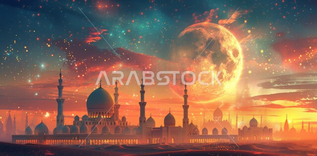  قدوم شهر الخير, رسوم توضيحية ثلاثية الابعاد للمآذن والقبب للمساجد الإسلامية، الديكورات والتصاميم الهندسية المميزة في رمضان المبارك، زينة الاعياد والمناسبات الدينية، العبادة والتقرب إلى الله تعالى, خلفية السماء المرصعه بالنجوم مع القمر المضيء ليلا