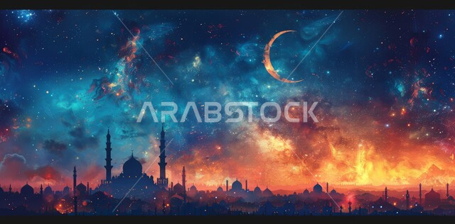  قدوم شهر الخير, رسوم توضيحية ثلاثية الابعاد للمآذن والقبب للمساجد الإسلامية، الديكورات والتصاميم الهندسية المميزة في رمضان المبارك، زينة الاعياد والمناسبات الدينية، العبادة والتقرب إلى الله تعالى, خلفية السماء المرصعه بالنجوم مع القمر المضيء ليلا