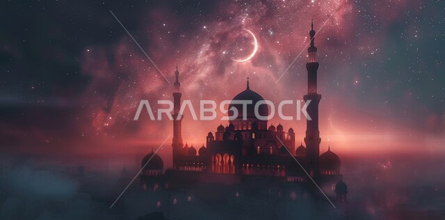  قدوم شهر الخير, رسوم توضيحية ثلاثية الابعاد للمآذن والقبب للمساجد الإسلامية، الديكورات والتصاميم الهندسية المميزة في رمضان المبارك، زينة الاعياد والمناسبات الدينية، العبادة والتقرب إلى الله تعالى, خلفية السماء المرصعه بالنجوم مع القمر المضيء ليلا