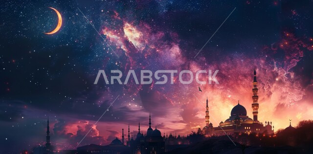 The arrival of the month of goodness, 3D illustrations of minarets and domes of Islamic mosques, distinctive decorations and geometric designs in the blessed month of Ramadan, decorations for religious holidays and occasions, worship and drawing closer to God Almighty, background of the starry sky with the moon shining at night