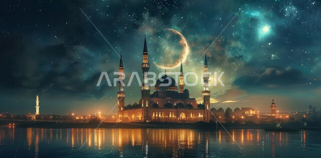  قدوم شهر الخير, رسوم توضيحية ثلاثية الابعاد للمآذن والقبب للمساجد الإسلامية، الديكورات والتصاميم الهندسية المميزة في رمضان المبارك، زينة الاعياد والمناسبات الدينية، العبادة والتقرب إلى الله تعالى, خلفية السماء المرصعه بالنجوم مع القمر المضيء ليلا