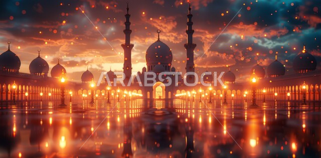  قدوم شهر الخير, رسوم توضيحية ثلاثية الابعاد للمآذن والقبب للمساجد الإسلامية، الديكورات والتصاميم الهندسية المميزة في رمضان المبارك، زينة الاعياد والمناسبات الدينية، العبادة والتقرب إلى الله تعالى