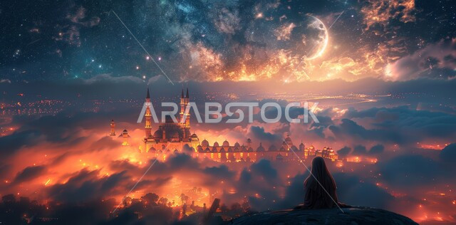 التصاميم و الديكورات الهندسية المميزة في رمضان المبارك، العبادة والتقرب إلى الله تعالى, زينة الاعياد والمناسبات الدينية, قدوم شهر الخير, رسوم توضيحية ثلاثية الابعاد للمآذن والقبب للمساجد الإسلامية، خلفية السماء المرصعه بالنجوم مع القمر المضيء ليلا