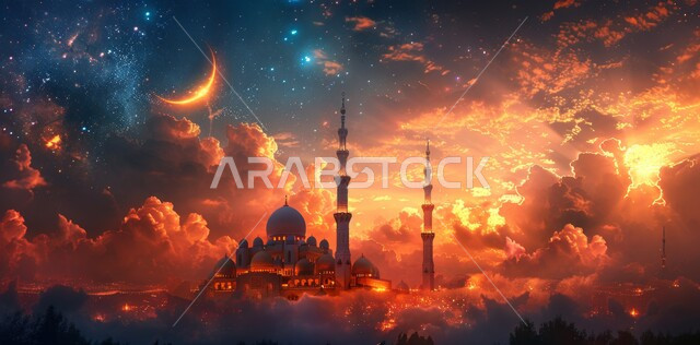 التصاميم و الديكورات الهندسية المميزة في رمضان المبارك، العبادة والتقرب إلى الله تعالى, زينة الاعياد والمناسبات الدينية, قدوم شهر الخير, رسوم توضيحية ثلاثية الابعاد للمآذن والقبب للمساجد الإسلامية، خلفية السماء المرصعه بالنجوم مع القمر المضيء ليلا