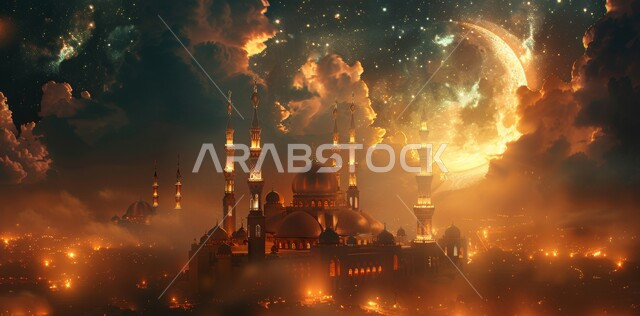 التصاميم و الديكورات الهندسية المميزة في رمضان المبارك، العبادة والتقرب إلى الله تعالى, زينة الاعياد والمناسبات الدينية, قدوم شهر الخير, رسوم توضيحية ثلاثية الابعاد للمآذن والقبب للمساجد الإسلامية، خلفية السماء المرصعه بالنجوم مع القمر المضيء ليلا