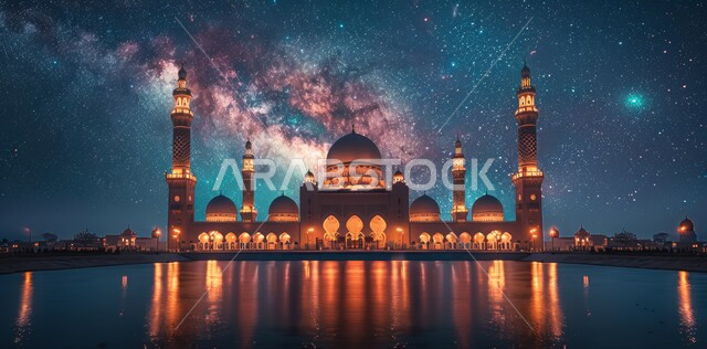 التصاميم و الديكورات الهندسية المميزة في رمضان المبارك، العبادة والتقرب إلى الله تعالى, زينة الاعياد والمناسبات الدينية, قدوم شهر الخير, رسوم توضيحية ثلاثية الابعاد للمآذن والقبب للمساجد الإسلامية، خلفية السماء المرصعه بالنجوم مع القمر المضيء ليلا