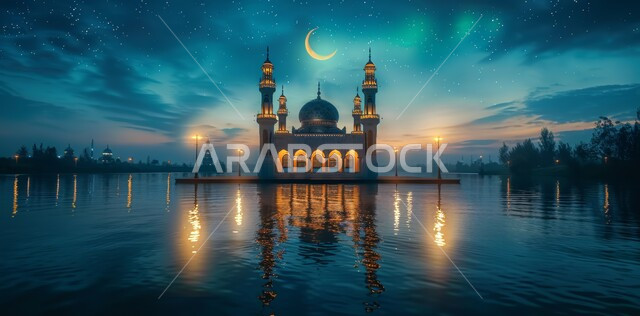 التصاميم و الديكورات الهندسية المميزة في رمضان المبارك، العبادة والتقرب إلى الله تعالى, زينة الاعياد والمناسبات الدينية, قدوم شهر الخير, رسوم توضيحية ثلاثية الابعاد للمآذن والقبب للمساجد الإسلامية، خلفية السماء المرصعه بالنجوم مع القمر المضيء ليلا