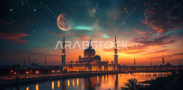 التصاميم و الديكورات الهندسية المميزة في رمضان المبارك، العبادة والتقرب إلى الله تعالى, زينة الاعياد والمناسبات الدينية, قدوم شهر الخير, رسوم توضيحية ثلاثية الابعاد للمآذن والقبب للمساجد الإسلامية، خلفية السماء المرصعه بالنجوم مع القمر المضيء ليلا