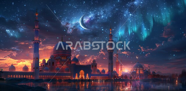  العبادة والتقرب إلى الله تعالى, زينة الاعياد والمناسبات الدينية, قدوم شهر الخير, رسوم توضيحية ثلاثية الابعاد للمآذن والقبب للمساجد الإسلامية، الديكورات والتصاميم الهندسية المميزة في رمضان المبارك، خلفية السماء المرصعه بالنجوم مع القمر المضيء ليلا
