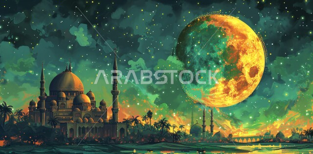  العبادة والتقرب إلى الله تعالى, زينة الاعياد والمناسبات الدينية, قدوم شهر الخير, رسوم توضيحية ثلاثية الابعاد للمآذن والقبب للمساجد الإسلامية، الديكورات والتصاميم الهندسية المميزة في رمضان المبارك، خلفية السماء المرصعه بالنجوم مع القمر المضيء ليلا