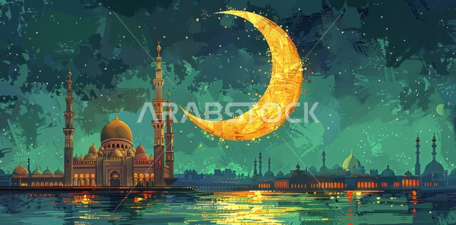  العبادة والتقرب إلى الله تعالى, زينة الاعياد والمناسبات الدينية, قدوم شهر الخير, رسوم توضيحية ثلاثية الابعاد للمآذن والقبب للمساجد الإسلامية، الديكورات والتصاميم الهندسية المميزة في رمضان المبارك، خلفية السماء المرصعه بالنجوم مع القمر المضيء ليلا