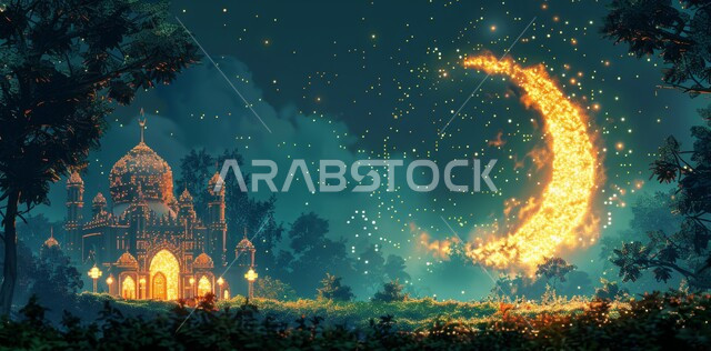  العبادة والتقرب إلى الله تعالى, زينة الاعياد والمناسبات الدينية, قدوم شهر الخير, رسوم توضيحية ثلاثية الابعاد للمآذن والقبب للمساجد الإسلامية، الديكورات والتصاميم الهندسية المميزة في رمضان المبارك، خلفية السماء المرصعه بالنجوم مع القمر المضيء ليلا