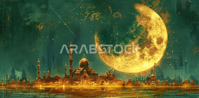  العبادة والتقرب إلى الله تعالى, زينة الاعياد والمناسبات الدينية, قدوم شهر الخير, رسوم توضيحية ثلاثية الابعاد للمآذن والقبب للمساجد الإسلامية، الديكورات والتصاميم الهندسية المميزة في رمضان المبارك، خلفية السماء المرصعه بالنجوم مع القمر المضيء ليلا