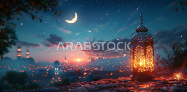  البهجة بقدوم رمضان المبارك ,ديكورات وزينة و أنوار الاحتفالات بالمناسبات و الأعياد الدينية الإسلامية, فانوس معدني مزخرف مضيء, أضواء و مصابيح عربية تقليدية, الأجواء الروحانية في الأيام الفضيلة, الاستعداد لاستقبال الشهر الفضيل