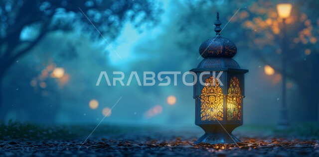 Joy of the coming of the blessed Ramadan, decorations, ornaments and lights for celebrations of Islamic religious occasions and holidays, a decorated illuminated metal lantern, traditional Arabic lights and lamps, the spiritual atmosphere in the virtuous days, preparing to receive the holy month