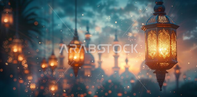 أضواء و مصابيح عربية تقليدية, البهجة بقدوم رمضان المبارك ,ديكورات وزينة و أنوار الاحتفالات بالمناسبات و الأعياد الدينية الإسلامية, فانوس معدني مزخرف مضيء معلق, الأجواء الروحانية في الأيام الفضيلة, الاستعداد لاستقبال الشهر الفضيل
