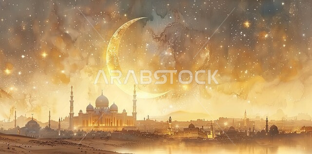  العبادة والتقرب إلى الله تعالى, زينة الاعياد والمناسبات الدينية, قدوم شهر الخير, رسوم توضيحية ثلاثية الابعاد للمآذن والقبب للمساجد الإسلامية، الديكورات والتصاميم الهندسية المميزة في رمضان المبارك، خلفية السماء المرصعه بالنجوم مع القمر المضيء ليلا