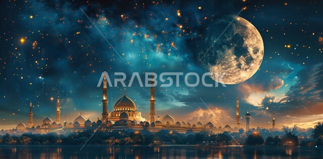  العبادة والتقرب إلى الله تعالى, زينة الاعياد والمناسبات الدينية, قدوم شهر الخير, رسوم توضيحية ثلاثية الابعاد للمآذن والقبب للمساجد الإسلامية، الديكورات والتصاميم الهندسية المميزة في رمضان المبارك، خلفية السماء المرصعه بالنجوم مع القمر المضيء ليلا