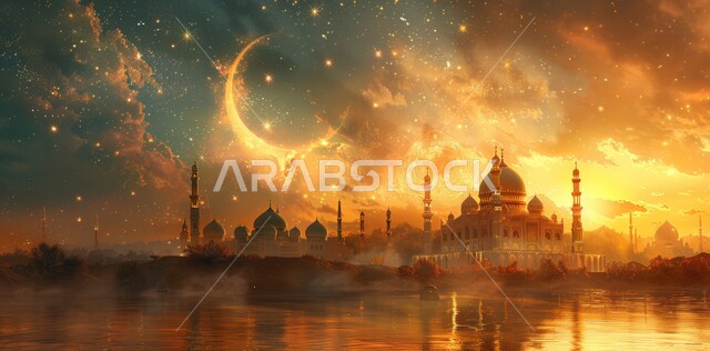  العبادة والتقرب إلى الله تعالى, زينة الاعياد والمناسبات الدينية, قدوم شهر الخير, رسوم توضيحية ثلاثية الابعاد للمآذن والقبب للمساجد الإسلامية، الديكورات والتصاميم الهندسية المميزة في رمضان المبارك، خلفية السماء المرصعه بالنجوم مع القمر المضيء ليلا