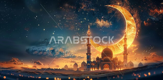  العبادة والتقرب إلى الله تعالى, زينة الاعياد والمناسبات الدينية, قدوم شهر الخير, رسوم توضيحية ثلاثية الابعاد للمآذن والقبب للمساجد الإسلامية، الديكورات والتصاميم الهندسية المميزة في رمضان المبارك، خلفية السماء المرصعه بالنجوم مع القمر المضيء ليلا