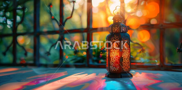 أضواء و مصابيح عربية تقليدية, فانوس مزخرف معدني مضيء, ديكورات وزينة و أنوار الاحتفالات بالمناسبات و الأعياد الدينية الإسلامية, البهجة بقدوم رمضان المبارك, الأجواء الروحانية في الأيام الفضيلة, الاستعداد لاستقبال الشهر الفضيل