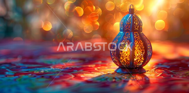 Decorative metal lantern, decorations, ornaments and lights for celebrations of Islamic religious occasions and holidays, the joy of the coming of the blessed month of Ramadan, traditional Arabic lights and lamps, the spiritual atmosphere in the holy days, preparing to receive the holy month