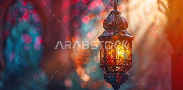 أضواء و مصابيح عربية تقليدية معلقة, فانوس مزخرف معدني مضيء, ديكورات وزينة و أنوار الاحتفالات بالمناسبات و الأعياد الدينية الإسلامية, البهجة بقدوم رمضان المبارك, الأجواء الروحانية في الأيام الفضيلة, الاستعداد لاستقبال الشهر الفضيل