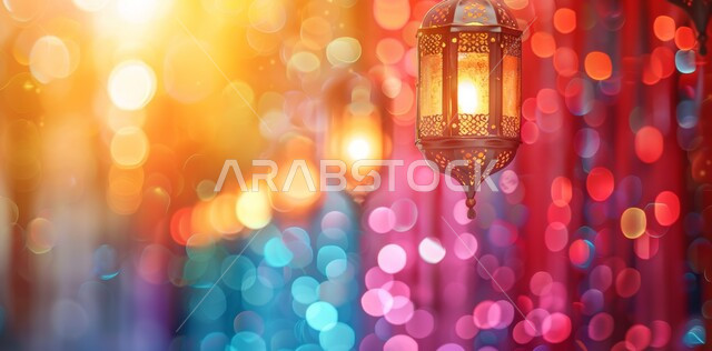 Traditional Arabic hanging lights and lamps, illuminated metal decorative lantern, decorations, ornaments and lights for celebrations of Islamic religious occasions and holidays, the joy of the coming of the blessed Ramadan, the spiritual atmosphere in the virtuous days, preparing to receive the holy month