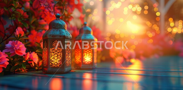 مجموعة من الفوانيس المزخرفة المعدني المضيئة, ديكورات وزينة و أنوار الاحتفالات بالمناسبات و الأعياد الدينية الإسلامية, البهجة بقدوم رمضان المبارك, أضواء و مصابيح عربية تقليدية, الأجواء الروحانية في الأيام الفضيلة, الاستعداد لاستقبال الشهر الفضيل