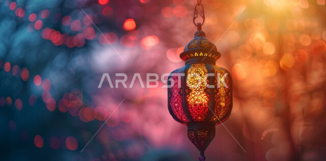 Traditional Arabic hanging lights and lamps, illuminated metal decorative lantern, decorations, ornaments and lights for celebrations of Islamic religious occasions and holidays, the joy of the coming of the blessed Ramadan, the spiritual atmosphere in the virtuous days, preparing to receive the holy month