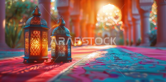 مجموعة من الفوانيس المزخرفة المعدني المضيئة, ديكورات وزينة و أنوار الاحتفالات بالمناسبات و الأعياد الدينية الإسلامية, البهجة بقدوم رمضان المبارك, أضواء و مصابيح عربية تقليدية, الأجواء الروحانية في الأيام الفضيلة, الاستعداد لاستقبال الشهر الفضيل