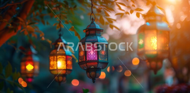 الاستعداد لاستقبال الشهر الفضيل, مجموعة من الفوانيس المزخرفة المعدني المضيئة المعلقة, ديكورات وزينة و أنوار الاحتفالات بالمناسبات و الأعياد الدينية الإسلامية, البهجة بقدوم رمضان المبارك, أضواء و مصابيح عربية تقليدية, الأجواء الروحانية في الأيام الفضيلة