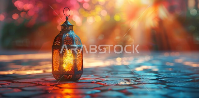 Decorative metal lantern, decorations, ornaments and lights for celebrations of Islamic religious occasions and holidays, the joy of the coming of the blessed month of Ramadan, traditional Arabic lights and lamps, the spiritual atmosphere in the holy days, preparing to receive the holy month