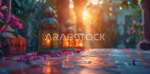 مجموعة من الفوانيس المزخرفة المعدني المضيئة, ديكورات وزينة و أنوار الاحتفالات بالمناسبات و الأعياد الدينية الإسلامية, البهجة بقدوم رمضان المبارك, أضواء و مصابيح عربية تقليدية, الأجواء الروحانية في الأيام الفضيلة, الاستعداد لاستقبال الشهر الفضيل