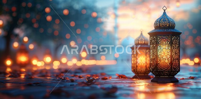 الاستعداد لاستقبال الشهر الفضيل, الأجواء الروحانية في الأيام الفضيلة, زينة و ديكورات و أنوار الاحتفالات بالمناسبات و الأعياد الدينية الإسلامية, مجموعه من الفوانيس المعدنية المزخرفة المضيئة, البهجة بقدوم رمضان المبارك, أضواء و مصابيح عربية تقليدية