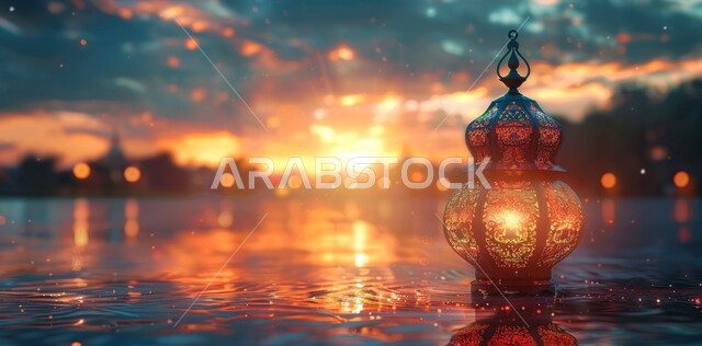 Spiritual atmosphere in the holy days, decorations and lights for celebrations of Islamic religious occasions and holidays, illuminated decorative metal lantern, joy at the arrival of the blessed month of Ramadan, traditional Arabic lights and lamps, preparation for welcoming the holy month