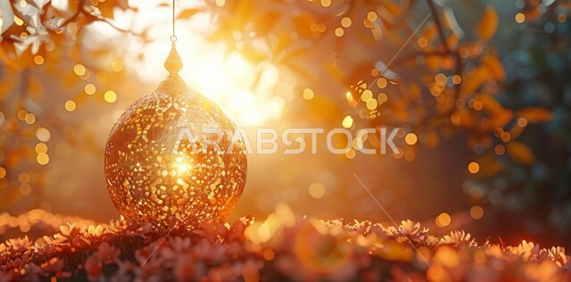 Spiritual atmosphere in the holy days, decorations and lights for celebrations of Islamic religious occasions and holidays, illuminated decorative metal lantern, joy at the arrival of the blessed month of Ramadan, traditional Arabic lights and lamps, preparation for welcoming the holy month