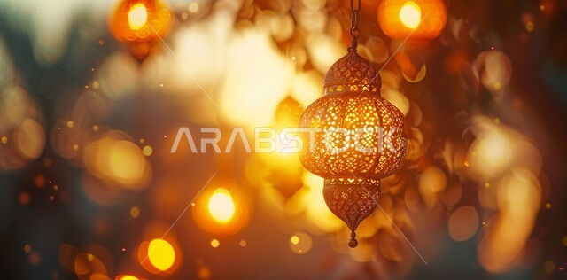 Spiritual atmosphere in the holy days, decorations and lights for celebrations of Islamic religious occasions and holidays, hanging illuminated decorative metal lantern, joy at the arrival of the blessed month of Ramadan, traditional Arabic lights and lamps, preparation for welcoming the holy month