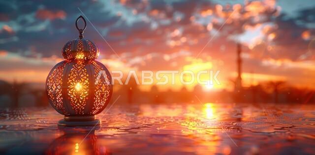 Spiritual atmosphere in the holy days, decorations and lights for celebrations of Islamic religious occasions and holidays, illuminated decorative metal lantern, joy at the arrival of the blessed month of Ramadan, traditional Arabic lights and lamps, preparation for welcoming the holy month