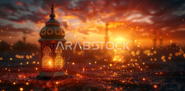 Spiritual atmosphere in the holy days, decorations and lights for celebrations of Islamic religious occasions and holidays, illuminated decorative metal lantern, joy at the arrival of the blessed month of Ramadan, traditional Arabic lights and lamps, preparation for welcoming the holy month