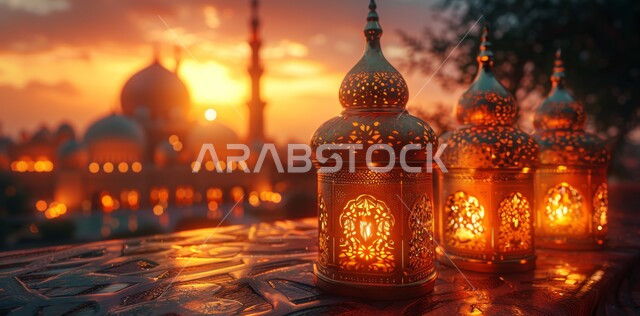 الاستعداد لاستقبال الشهر الفضيل, الأجواء الروحانية في الأيام الفضيلة, زينة و ديكورات و أنوار الاحتفالات بالمناسبات و الأعياد الدينية الإسلامية, مجموعه من الفوانيس المعدنية المزخرفة المضيئة, البهجة بقدوم رمضان المبارك, أضواء و مصابيح عربية تقليدية