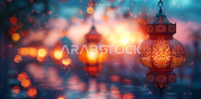 مصابيح عربية تقليدية معلقة, فانوس مزخرف معدني مضيء, ديكورات وزينة و أنوار الاحتفالات بالمناسبات و الأعياد الدينية الإسلامية, البهجة بقدوم رمضان المبارك, الأجواء الروحانية في الأيام الفضيلة, الاستعداد لاستقبال الشهر الفضيل