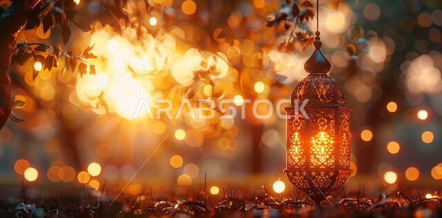 مصابيح عربية تقليدية معلقة, فانوس مزخرف معدني مضيء, ديكورات وزينة و أنوار الاحتفالات بالمناسبات و الأعياد الدينية الإسلامية, البهجة بقدوم رمضان المبارك, الأجواء الروحانية في الأيام الفضيلة, الاستعداد لاستقبال الشهر الفضيل