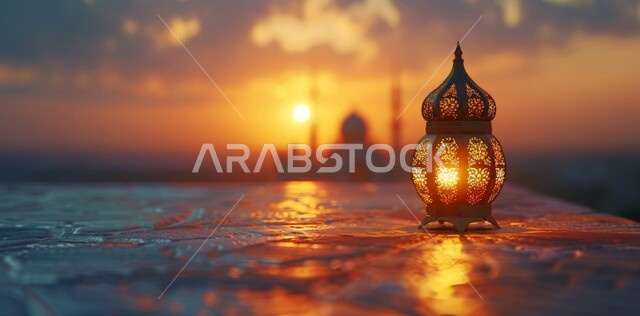 Decorative illuminated metal lantern, spiritual atmosphere in holy days, decorations and lights for celebrations of Islamic religious occasions and holidays, joy at the arrival of the blessed month of Ramadan, traditional Arabic lights and lamps, preparation for welcoming the holy month