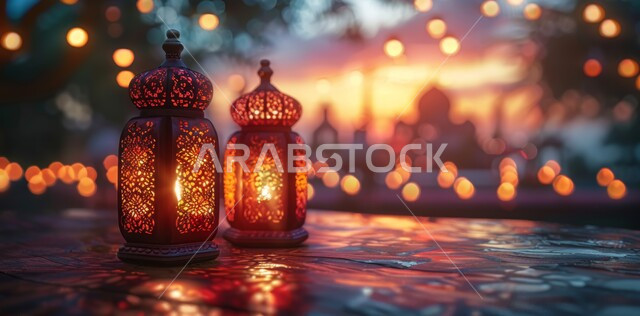 الاستعداد لاستقبال الشهر الفضيل, الأجواء الروحانية في الأيام الفضيلة, زينة و ديكورات و أنوار الاحتفالات بالمناسبات و الأعياد الدينية الإسلامية, مجموعه من الفوانيس المعدنية المزخرفة المضيئة, البهجة بقدوم رمضان المبارك, أضواء و مصابيح عربية تقليدية