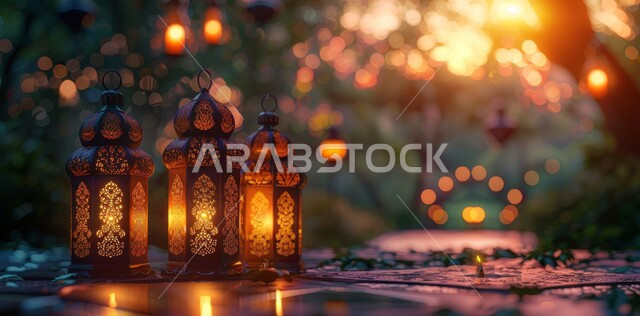 الاستعداد لاستقبال الشهر الفضيل, الأجواء الروحانية في الأيام الفضيلة, زينة و ديكورات و أنوار الاحتفالات بالمناسبات و الأعياد الدينية الإسلامية, مجموعه من الفوانيس المعدنية المزخرفة المضيئة, البهجة بقدوم رمضان المبارك, أضواء و مصابيح عربية تقليدية