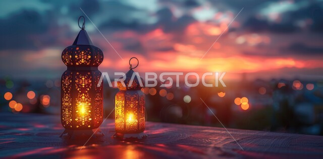 الاستعداد لاستقبال الشهر الفضيل, الأجواء الروحانية في الأيام الفضيلة, زينة و ديكورات و أنوار الاحتفالات بالمناسبات و الأعياد الدينية الإسلامية, مجموعه من الفوانيس المعدنية المزخرفة المضيئة, البهجة بقدوم رمضان المبارك, أضواء و مصابيح عربية تقليدية