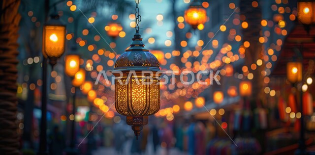 أنوار و ديكورات وزينة الاحتفالات بالمناسبات و الأعياد الدينية الإسلامية, الاستعداد لاستقبال الشهر الفضيل, مجموعة من الفوانيس المزخرفة المعدني المضيئة المعلقة, البهجة بقدوم رمضان المبارك, أضواء و مصابيح عربية تقليدية, الأجواء الروحانية في الأيام الفضيلة